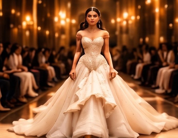 Ivory ball gown on a candle-lit runway