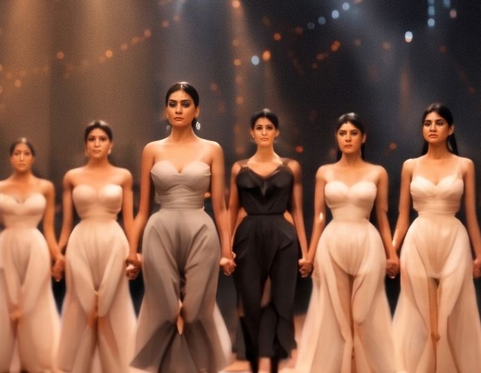 Models lined up on the runway