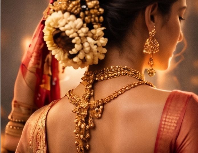 Kerala bride with jasmine and temple jewellery, back profile