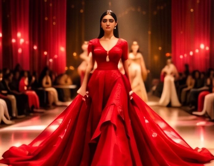 Red couture gown on the runway
